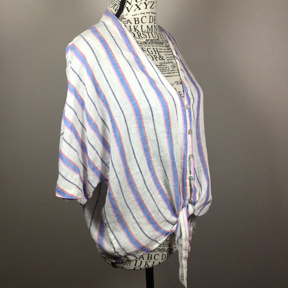 Beachy gauzy tie front button down shirt blue white stripes coastal grandma M - Picture 3 of 5